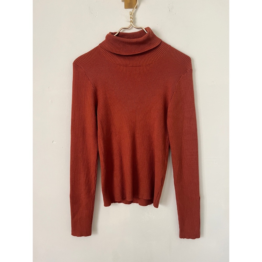 Mystree Rust fall Orange Ribbed Turtleneck Sweater Button Cuff Long Sleeve M